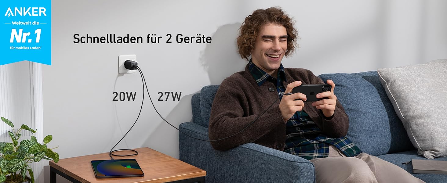 Зарядний пристрій Anker USB-C 47W, 523 Charger (Nano 3), компактний з 2 портами GaN, для iPhone 17/Pro/Pro Max/iPhone Air/16/15, Galaxy, Pixel 4/3, iPad/iPad mini (кабель не входить) Білий (Чорний)