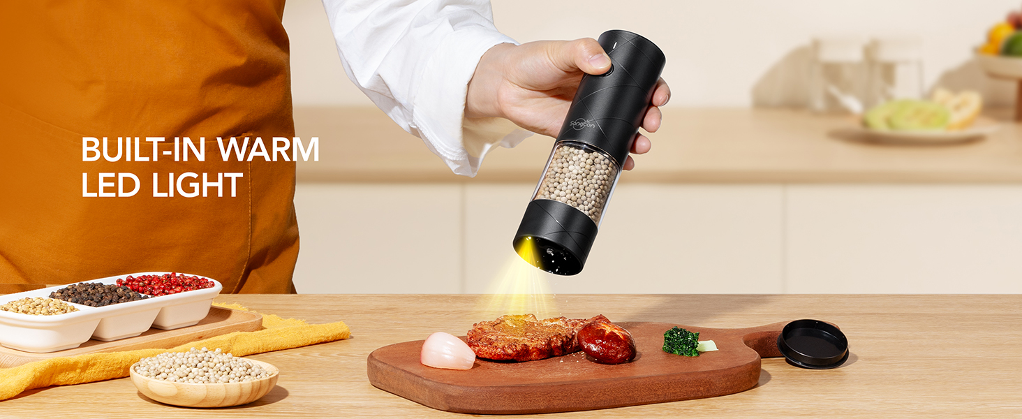 Sangcon електричні млинки для солі та перцю, 2 шт, USB зарядка, з LED підсвіткою, велика ємність, автоматичне помел, регульований ступінь помелу, універсальні