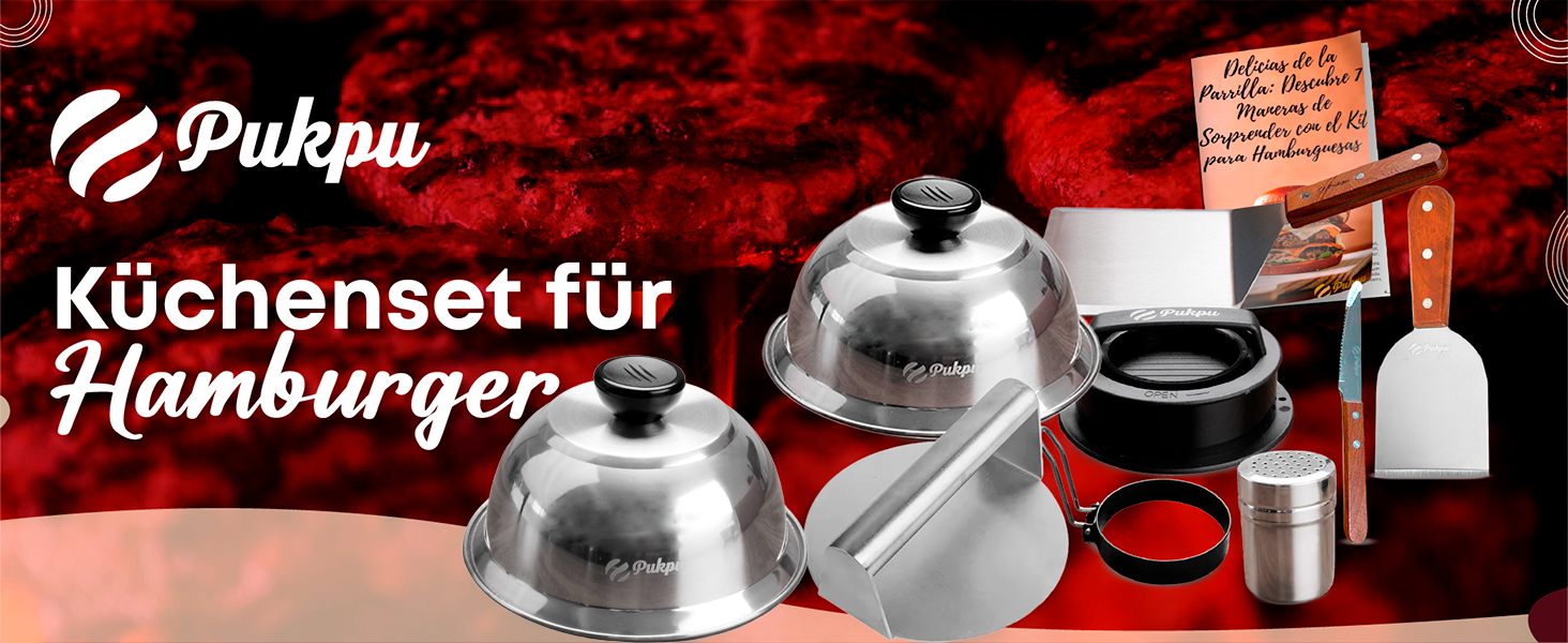Набір для приготування Smash Burger – 9 предметів: прес для бургерів, сплескач, 2 термокапелюхи, лопатка та шампури – подарунок для чоловіків та любителів гриля (колір: коричневий)