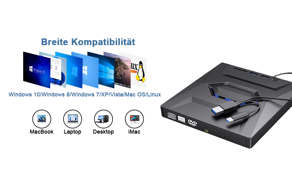 Зовнішній CD/DVD привід для ноутбука та ПК USB 3.0 & Type-C, DVD-RW записувач з картридером SD/TF та USB-хабом для Windows, Linux, Vista