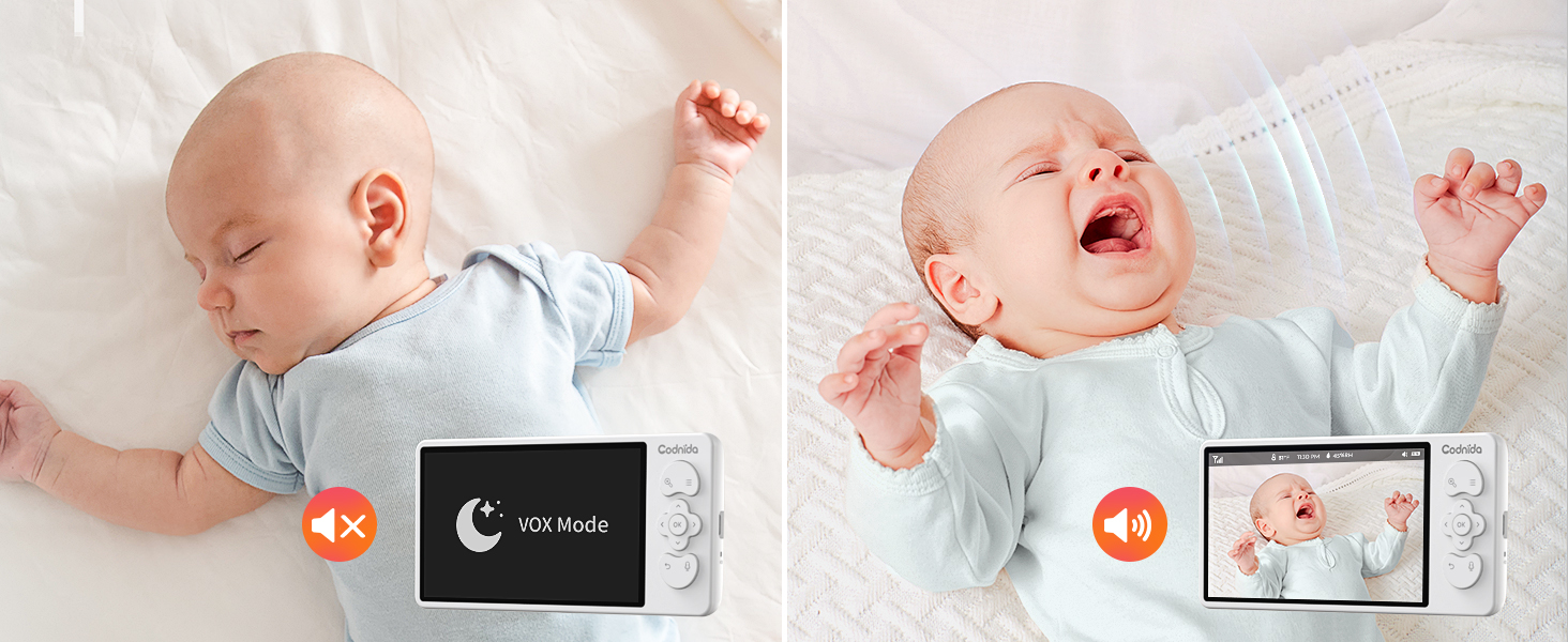 Дитячий відеоняня Codnida з камерою 5.5' LCD, 2K, 3MP HD, Wi-Fi, мобільний додаток, акумулятор 4000mAh, інфрачервона нічне бачення, 2-сторонній аудіо, Vox-режим, 4x зум, інтелектуальний моніторинг, білий