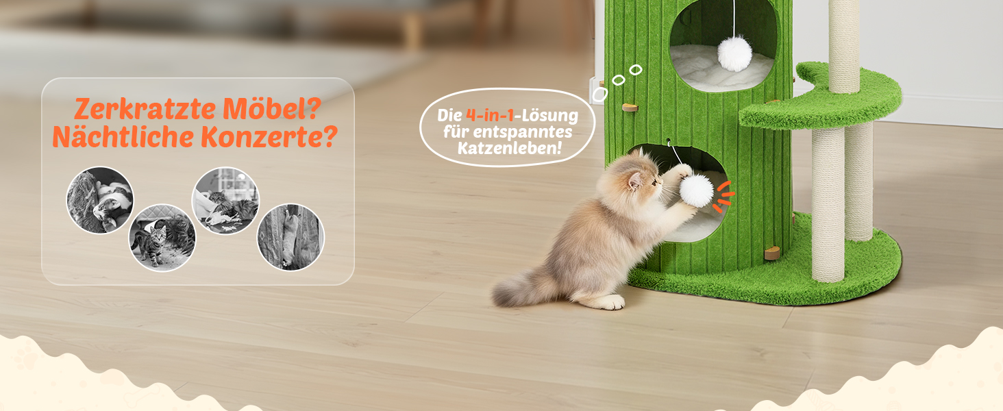 Котячий будиночок з подряпувачем Luxus: широка колона з берези, міцний, до 25 кг, сизаль, велике ліжко з подушкою з льону, легко збирається (зелений)