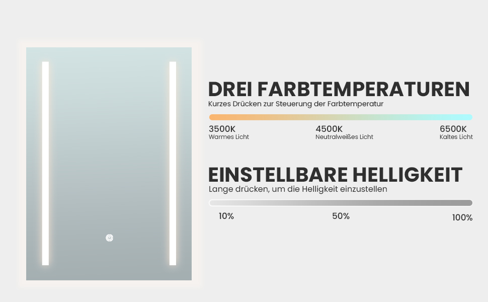 Дзеркало для ванної кімнати з підсвічуванням 70x50 см | LED дзеркало | IP54 вологостійке | Сенсорне керування | Настінне дзеркало | Горизонтальна/Вертикальна установка 6500K холодне біле світло (70x50cm-stil 2)