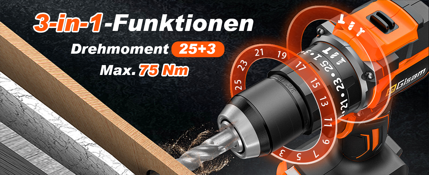 Акумуляторний шурупокрут/дрель 21V з набором 2 акумуляторів, 1200W двигун Brushless, 75Nm, 25+3 рівня крутного моменту, патрон 13мм, 2 швидкості, LED, 29-ти елементний набір для дому, саду та DIY-проектів помаранчевого кольору