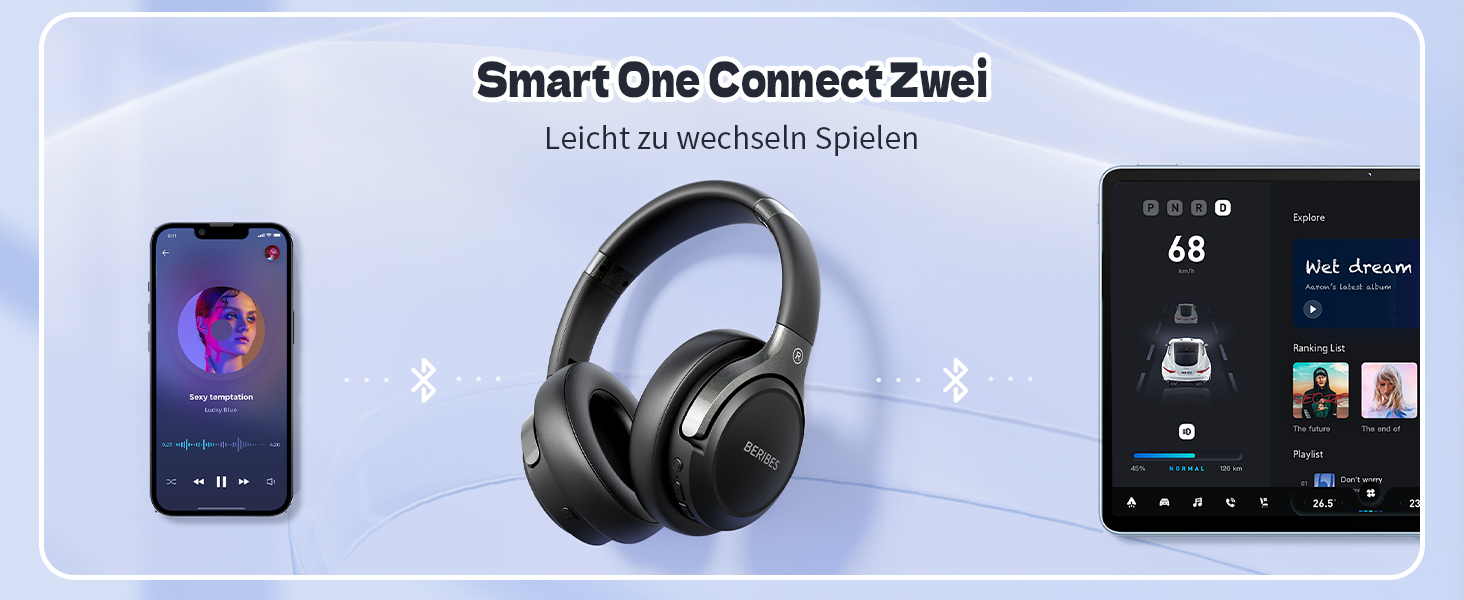 BERIBES Бездротові навушники Over-Ear Bluetooth з мікрофоном, 65 годин роботи, 6 EQ-режимів, HiFi Stereo, чорний