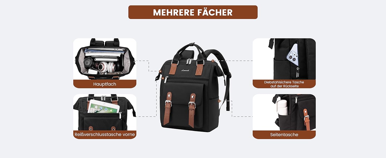 LOVEVOOK Рюкзак жіночий великий, водонепроникний, для подорожей, ручної поклажі, з відділенням для ноутбука 14 дюймів, чорно-коричневий