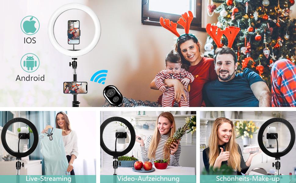 Ринглайт LED 10 дюймів зі штативом для смартфона, з пультом керування, USB, 3 режими світла, 11 рівнів яскравості, для макіяжу, стрімінгу, селфі, відеодзвінків, влогів