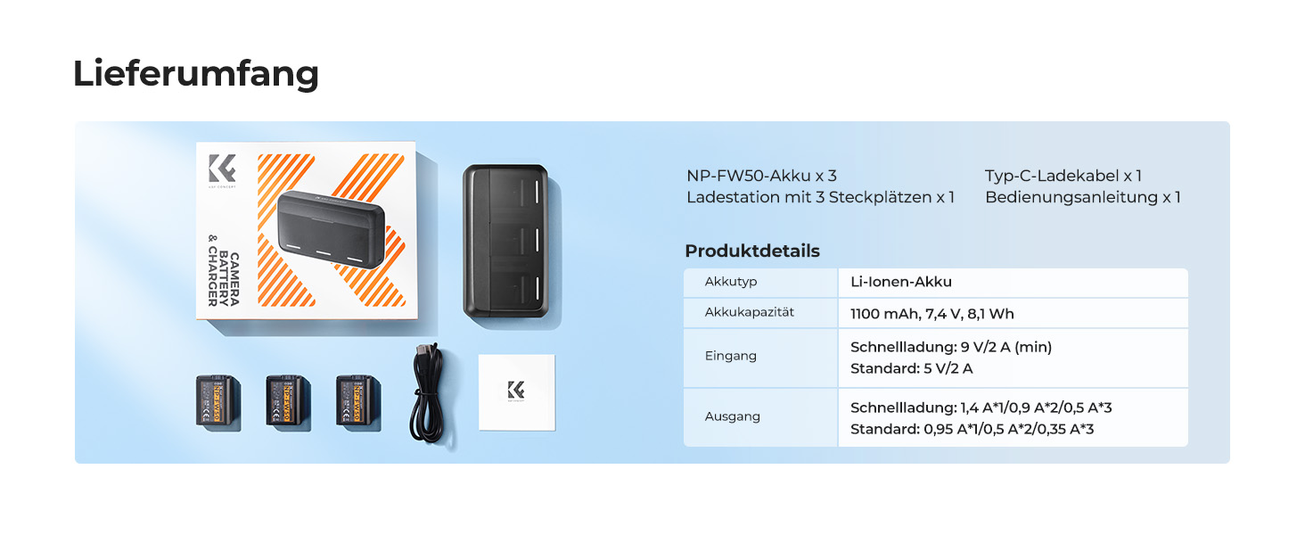 Набір акумуляторів K&F CONCEPT NP-FW50 (3 шт.) з 20W LED PD швидким зарядним пристроєм для Sony Alpha A6000, A6100, A6300, A6400, A6500, A7, A7 II, A7R, A7S, RX10