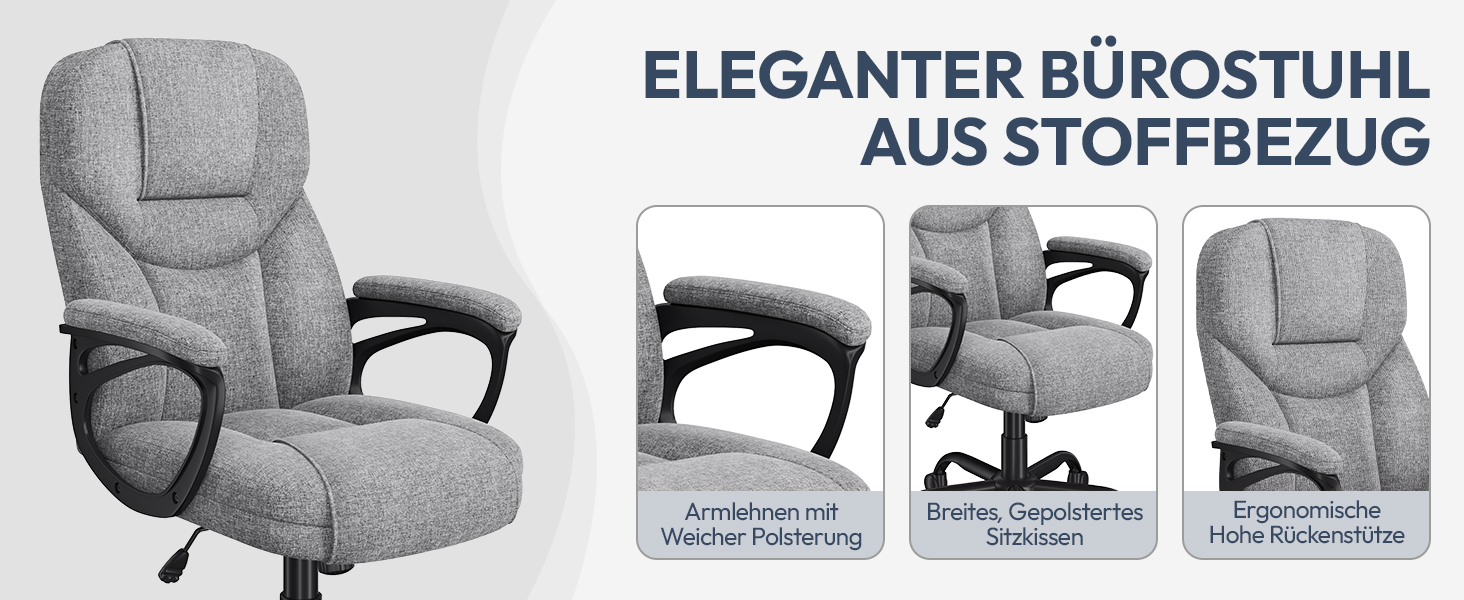 Офісне крісло Yaheetech для офісу та дому: ергономічний, з високою спинкою, регульований, комфортний, з м'яким наповнювачем, функція гойдання (сірий, поліестер)