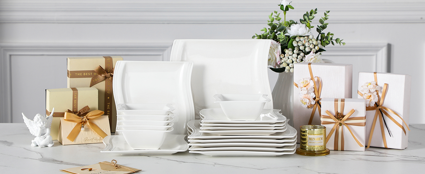 MALACASA Flora Marble Porcelain Dinnerware Set - 30 Piece Combination Set with Coffee Cups, Saucers, Dessert Plates, Soup Plates & Dinner Plates (White)