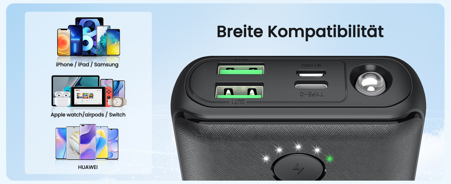 Power Bank JIGA 27000mAh 22.5W з PD 20W, USB-C, ліхтарик, чорний, сумісний з iPhone, Samsung, Huawei, iPad