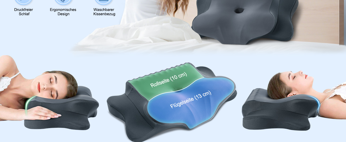 Подушка для шиї FAIORD, подушка з піною з пам'яті, ергономічна подушка для сну, подушка для підтримки шиї для тих, хто спить на боці, спині та животі, темно-сіра, 64 x 39 x 13 см