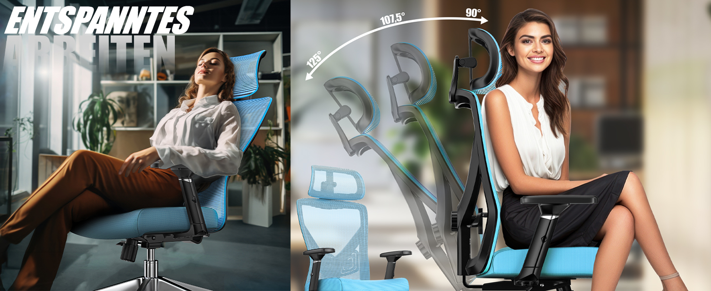 Крісло офісне KESSER® ергономічне з регульованими підлокітниками, поворотне з підтримкою попереку, з підголівником, функція гойдання до 125° та 5 роликів, блакитне/сріблясте