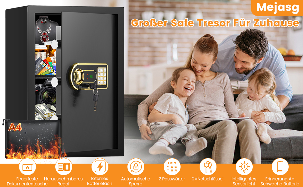 Мобільний сейф Mejasg Safe Tresor: компактний вогнестійкий сейф для дому, грошей, медикаментів та коштовностей (23x17x17 см, 65л)