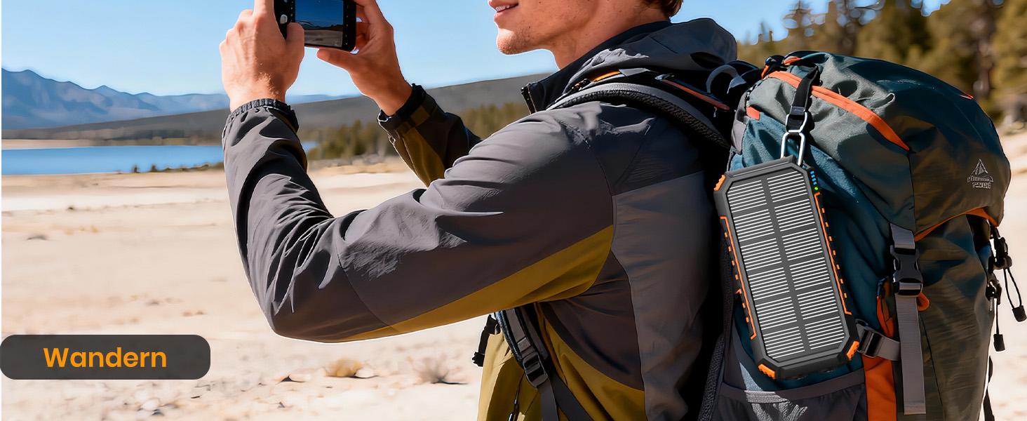 Power Bank Fandealo 27000mAh з сонячною панеллю – 22,5W, PD, QC 3.0, USB-C, 2 кабелі, 2 ліхтарики, для смартфонів, планшетів, кемпінгу