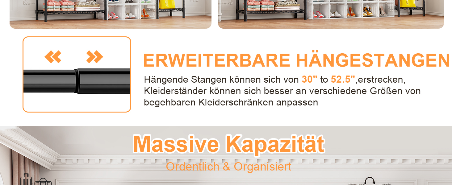 Розширюваний вішак для одягу, металевий гардеробний стійка з регульованими полицями, важкий, чорний