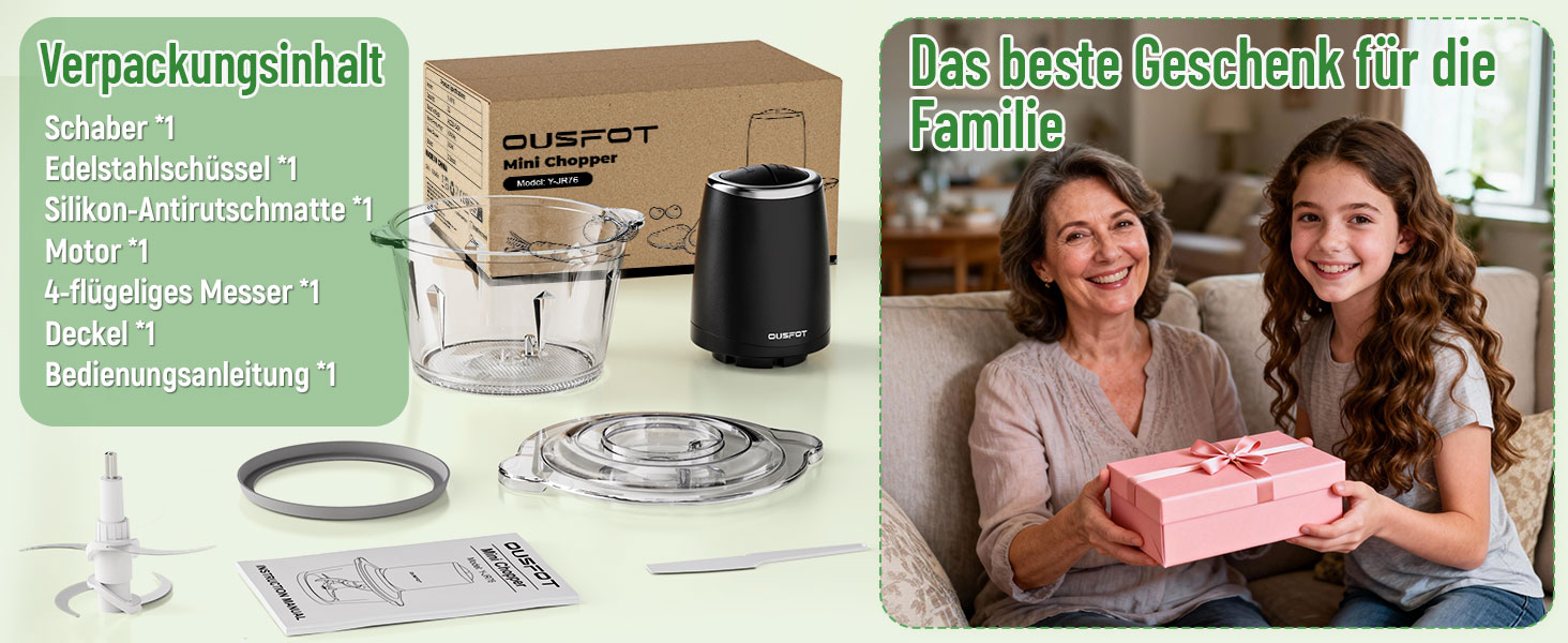 Електричний подрібнювач OUSFOT Multizerkleinerer, 1.8L, 500W, з скляною чашею. Підходить для овочів, фруктів, м'яса. Чорний.