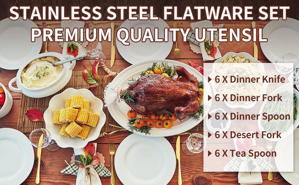 Набір столових приборів Aoeeppa на 6 осіб (30 предметів) з нержавіючої сталі, золотий