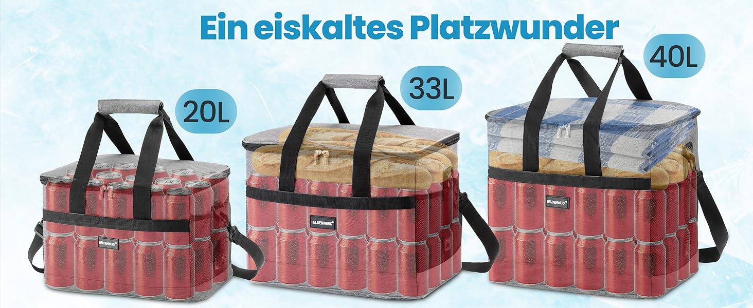 Термосумка HELDENWERK 33L з 7 відділеннями – велика, складна, витримує до 12 годин, виготовлена з темного сірого кольору, з посиленим дном, для пікніка, обіду, виготовлена з водонепроникного матеріалу