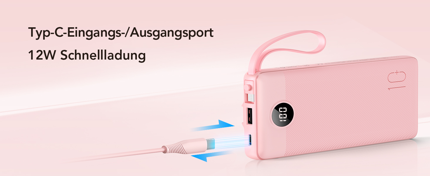 Powerbank VRURC 10000mAh з кабелем: портативний зарядний пристрій USB-C з LED дисплеєм та 5 виходами для iPhone, Huawei, Samsung та інших смартфонів - Рожевий