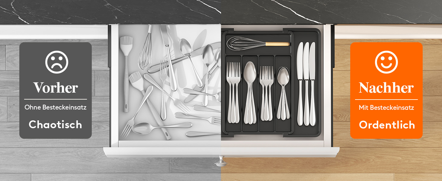 Органайзер для столових приладів Lifewit в шухляду, регульований, пластиковий, 33-57 см, глибина 38 см, чорний