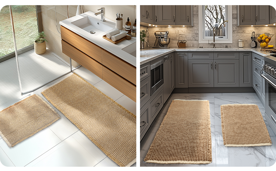 Boho Bathroom Rug Set - Non-Slip Bath Mats (2-Piece) - Washable Shower Rugs for Bathroom, Bedroom, Living Room - 51x120cm + 41x61cm (Brown & White)