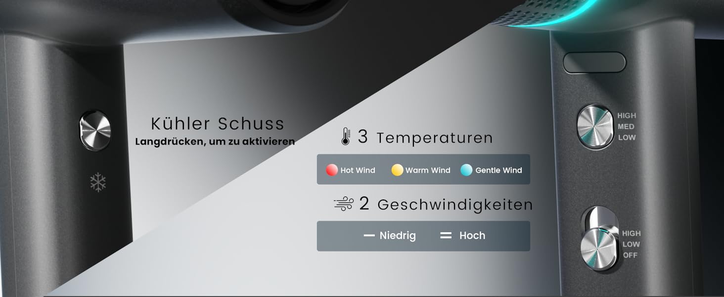 Іонізатор для волосся Föhn - високошвидкісний фен з насадкою-дифузором для жінок та чоловіків, 3 режими/2 швидкості, легкий, рівномірне тепло, тихий, чорний (сірий)