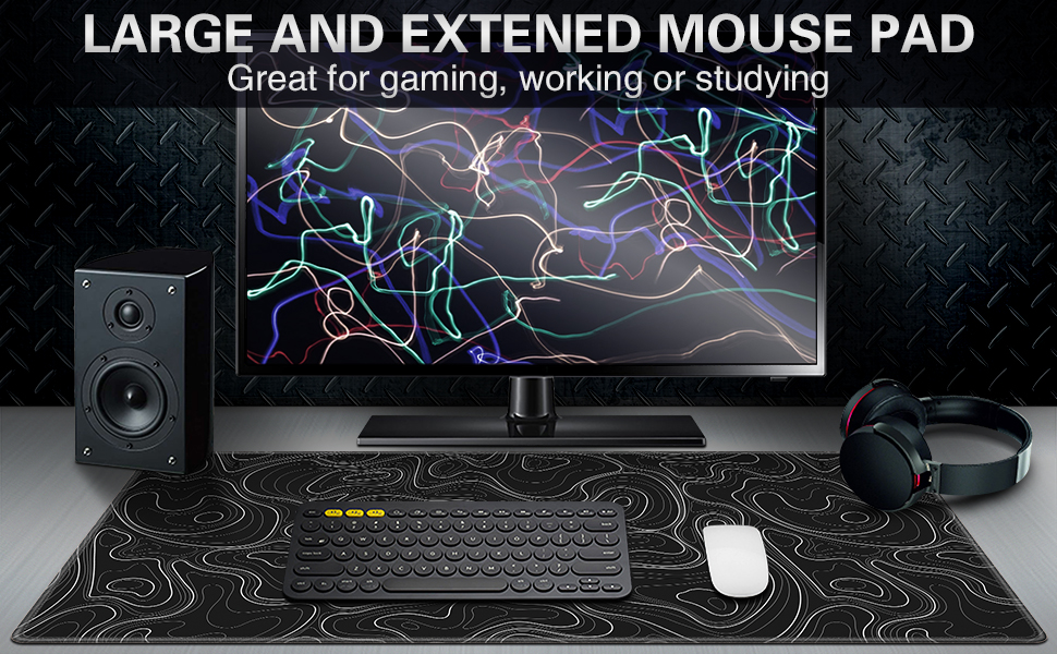 Ігровий килимок для миші Abetcabe Gaming XXL, підкладка на стіл 900 x 400 мм, чорний, з топографічним принтом