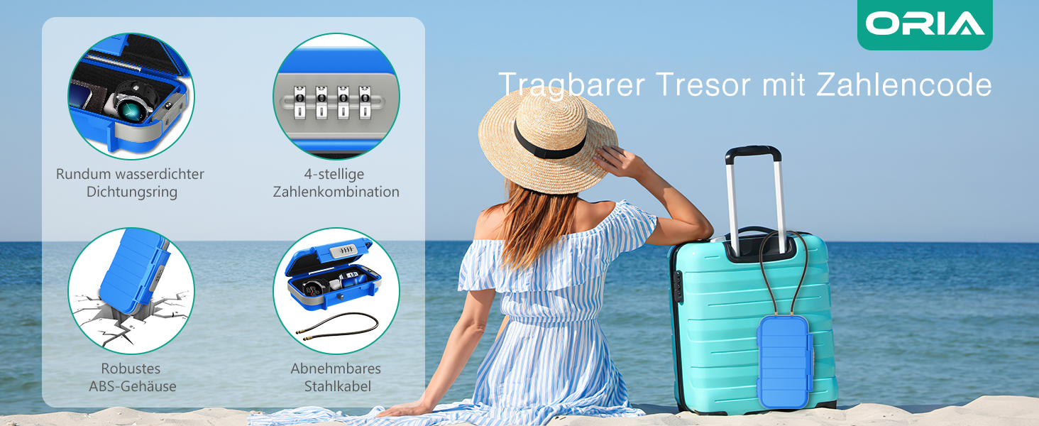 Сейф портативний з кодовим замком ORIA, водонепроникний, для відпочинку та офісу (Блакитний)