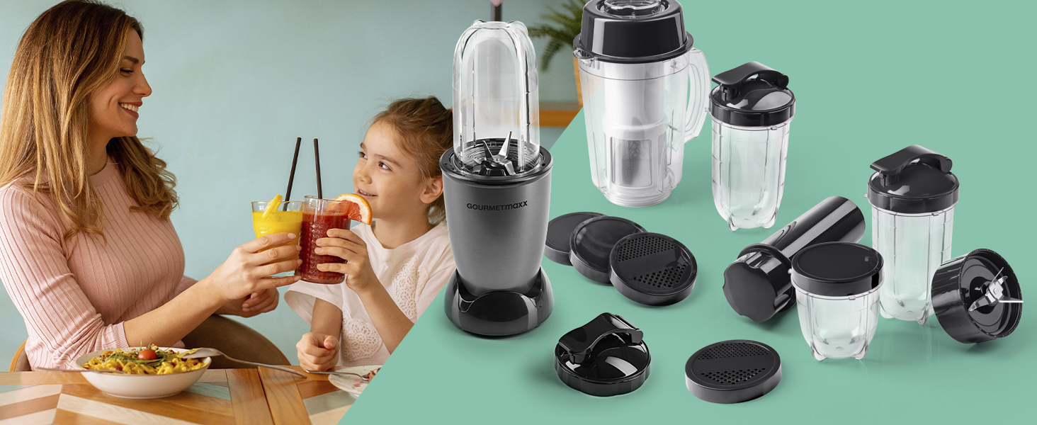 GOURMETmaxx Mr. Magic: Блендер для смузі та шейків 400W | Комплект з 4 насадками | Червоний та срібний