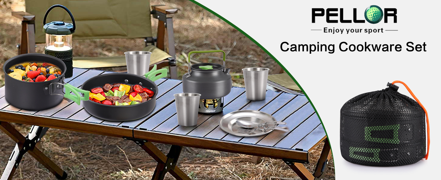 Набір посуду для кемпінгу PELLOR 17 предметів: алюмінієвий посуд для відпочинку на природі, кемпінгу, риболовлі, пікніка, походів та подорожей