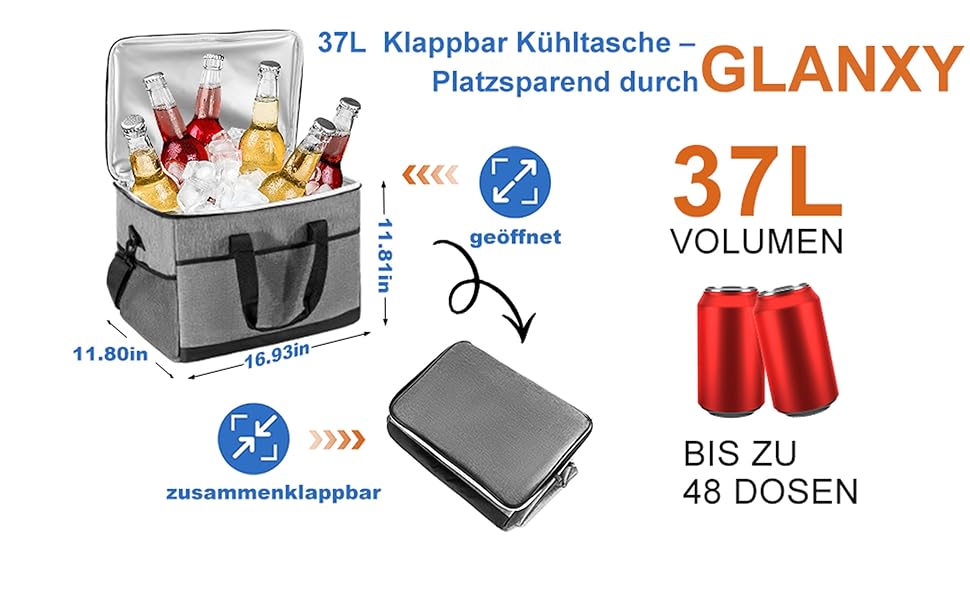 Термосумка GLANXY 37 л, велика, складна, водонепроникна, для пікніка, кемпінгу, офісу, збереження холоду та тепла
