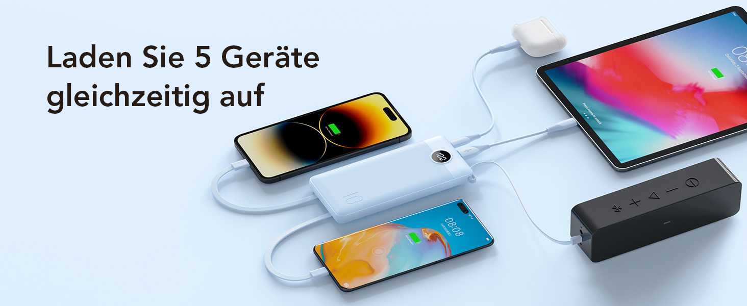 Power Bank VRURC 10000mAh з 4 кабелями: портативний акумулятор USB-C для iPhone, Huawei, Samsung та Android (синій)