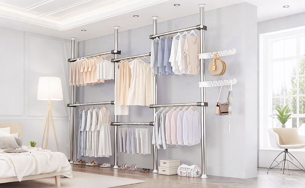 Телескопічна система для гардеробу: розширювана штанга для одягу з 6 штангами та 2 гачками, регульована полиця 110-300 см, для дому та магазину одягу, білий (срібний)