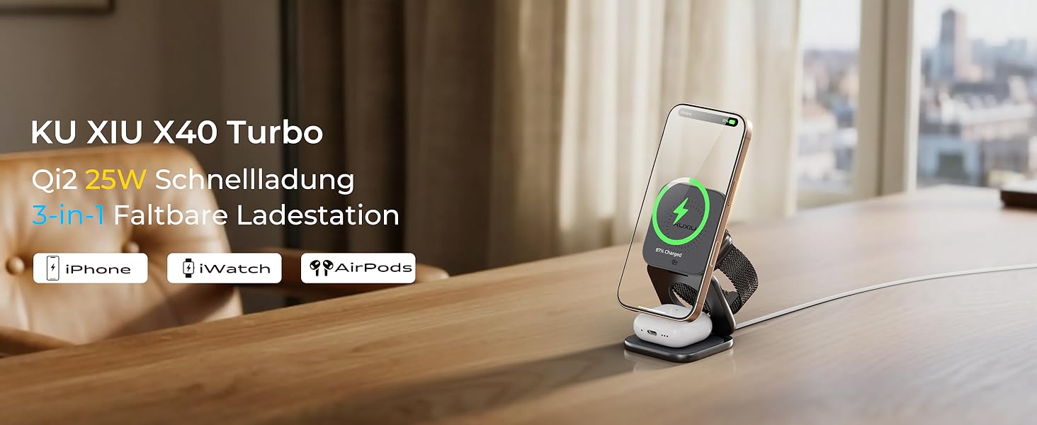 Бездротова зарядка 3-в-1 KU XIU X40 Turbo Qi2.2 25W для iPhone 15/14/13/12, Apple Watch, AirPods, з адаптером GaN 45W, сіра