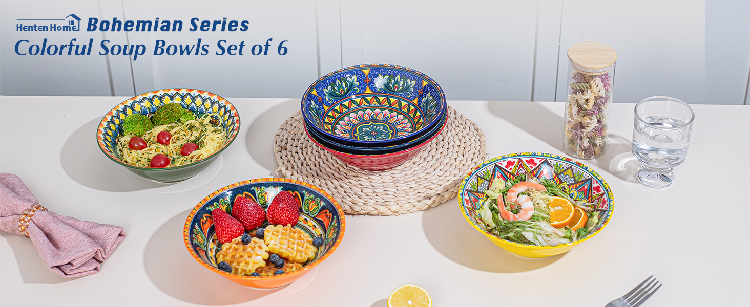 Набір супових тарілок з кераміки (6 шт) – 900 мл, кольорові салатники для кухні