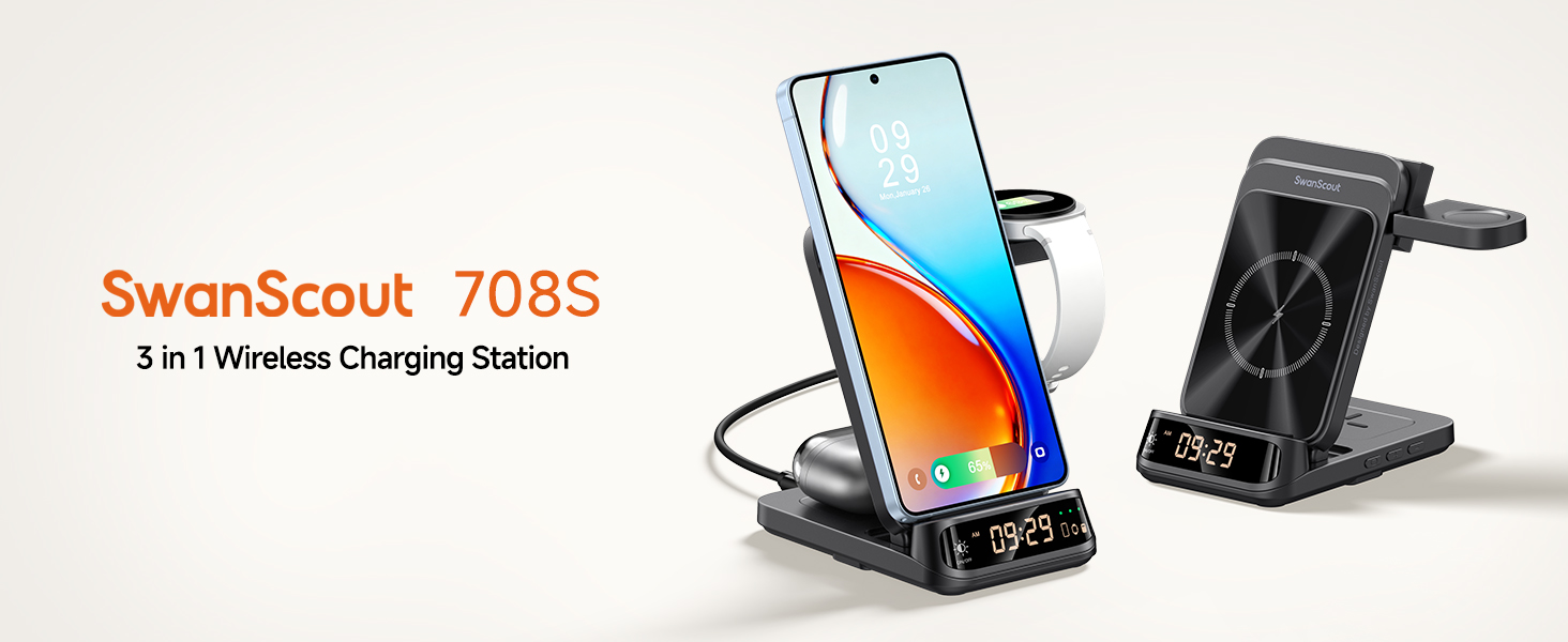Бездротова зарядка SwanScout 708S для Samsung Galaxy S26 Ultra/+/S26/S25/S24/S23/S22/S21, Galaxy Watch Ultra/8/7/6/5/4, Galaxy Buds4 Pro (Без адаптера) Чорна