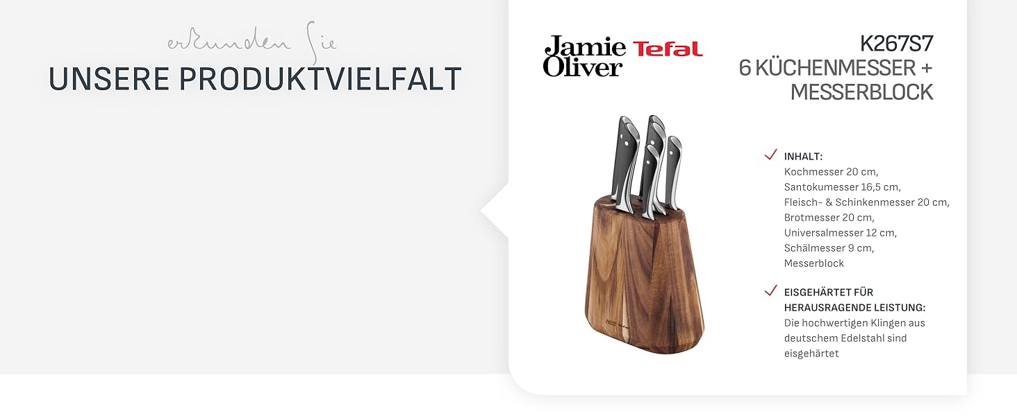 Набір ножів кухонних Jamie Oliver by Tefal (5 предметів) + блок: шеф-ніж, сантоку, для хліба, універсальний, овочечистка. Німецька сталь, акація, коричневий K267S556