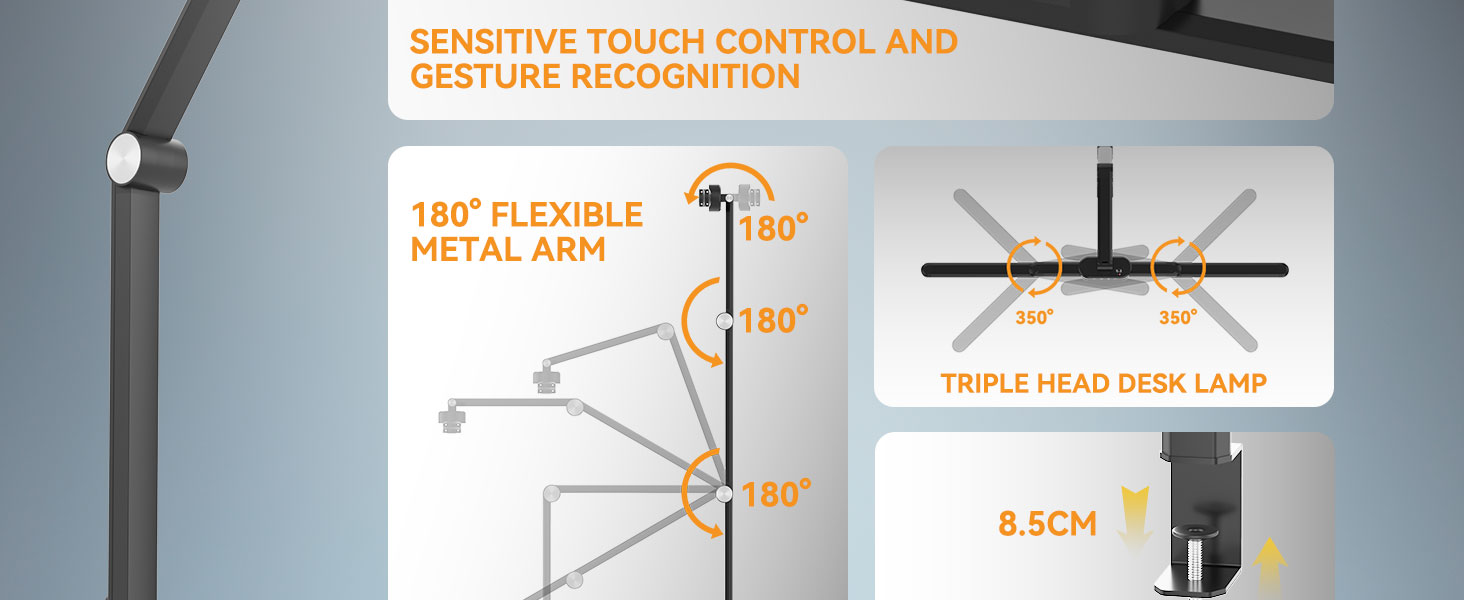 LED лампа для столу Rigors 60 см з двома головками, диммування, 900 лм, денне світло, захист очей, кріплення, 5 кольорів, 10 рівнів яскравості, гнучкий шийка 360°, з адаптером живлення (Th-black)