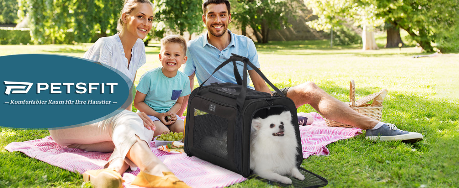 Транспортна переноска для котів та собак Petsfit, чорна, 47.5L x 33B x 33H см, з м'яким розкладним килимком та плечовим ременем