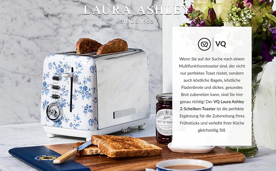 Тостер VQ Laura Ashley з 4-ма тостами, регулюванням нагріву, функцією розморожування та підігріву - модель Vintage з підставою для круасанів, нержавіюча сталь, колір 