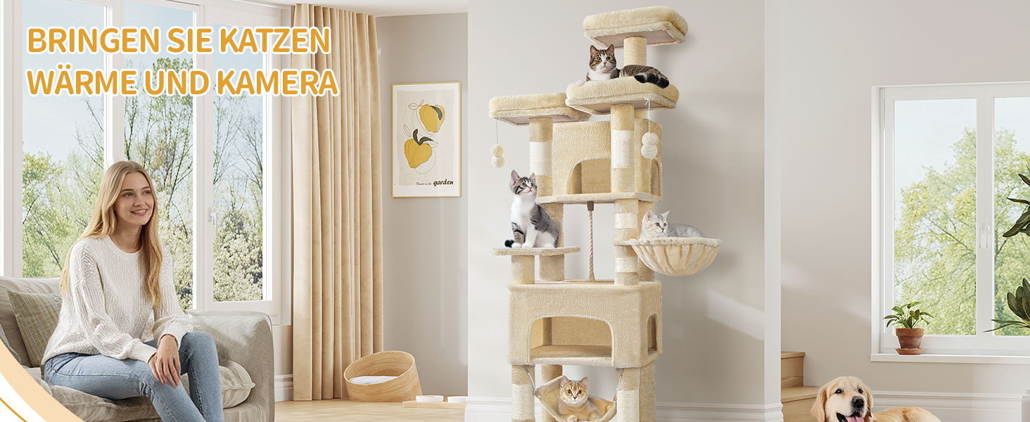 Кігтеточка для котів Hzuaneri 176 см, XL, 3 платформи, 2 печери, 7 стовпчиків, гамак, плюшеві кульки, для багатокотових домівок, MS17618SG (Бежевий)
