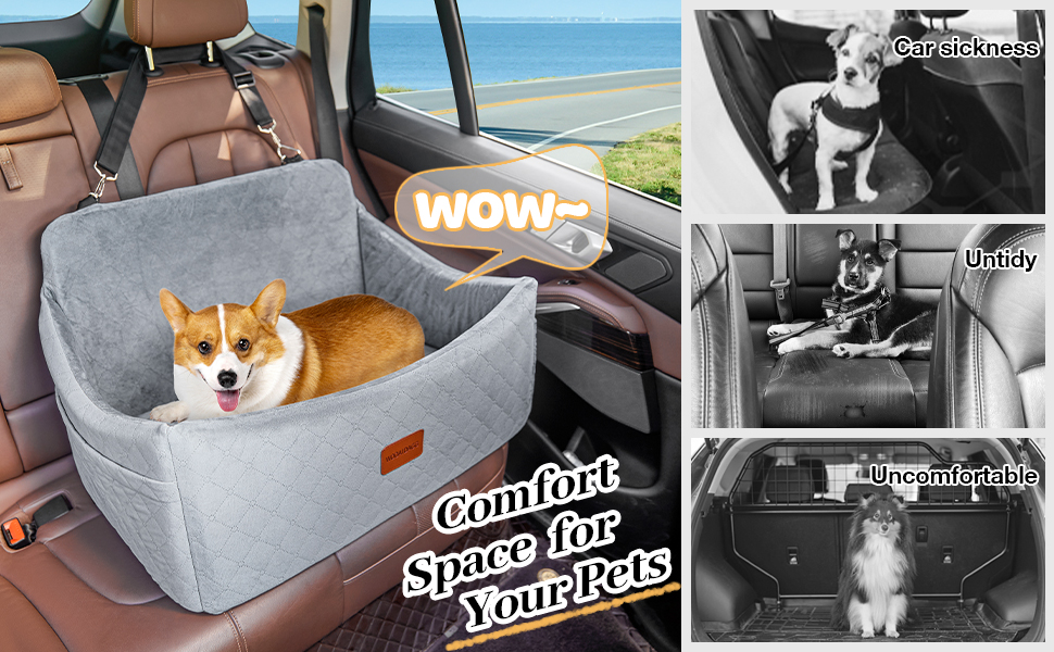 Wooaidagg Memory Foam Dog Car Seat - Washable & Detachable Pet Bed for Medium & Large Dogs - Includes 2 Leashes (Black, Large)