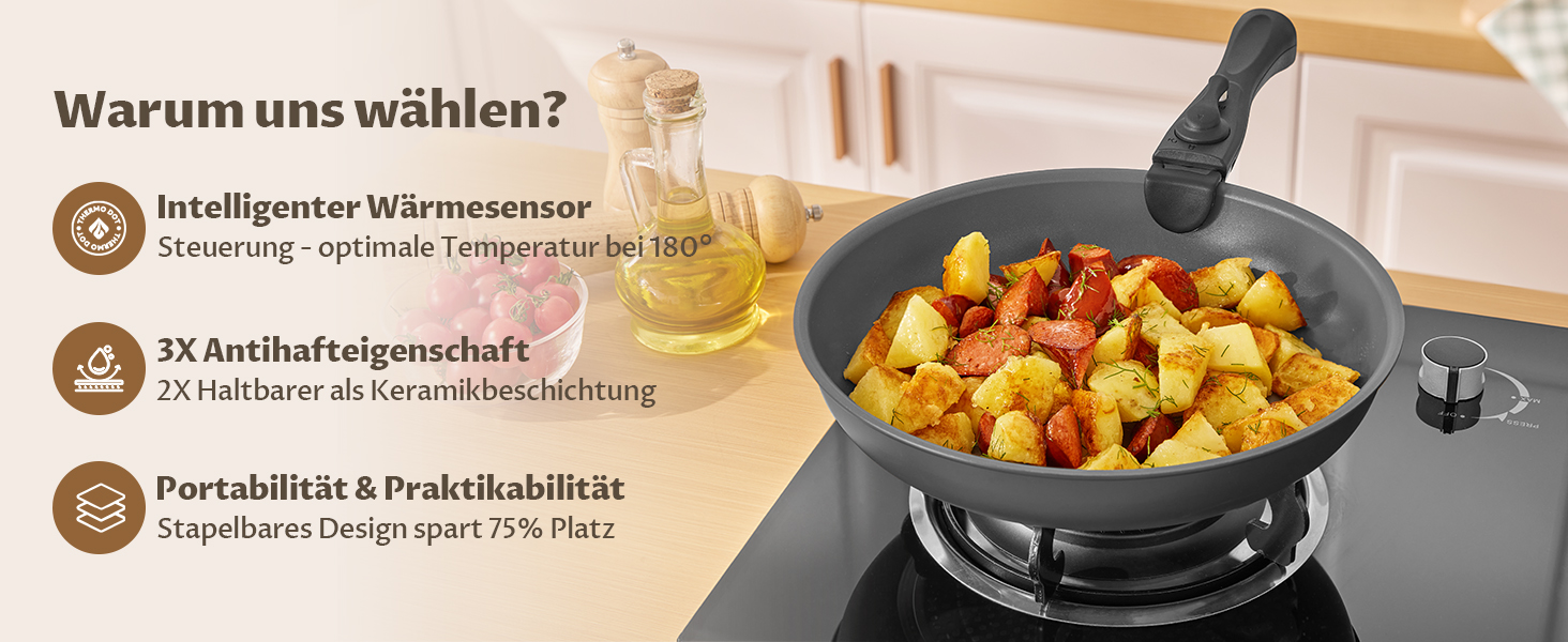 Набір сковорідок 4 шт. 20, 24, 28 см з термоіндикатором, знімні ручки, антипригарне покриття, підходить для всіх плит, можна використовувати в духовці