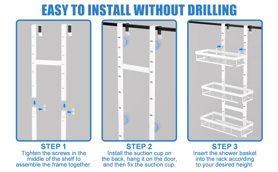 Підставка для душу на кріплення, полиця для душу без свердління для ванної кімнати, органайзер з 2 кошиками, тримач для шампуню (білий, White - 3 рівні)