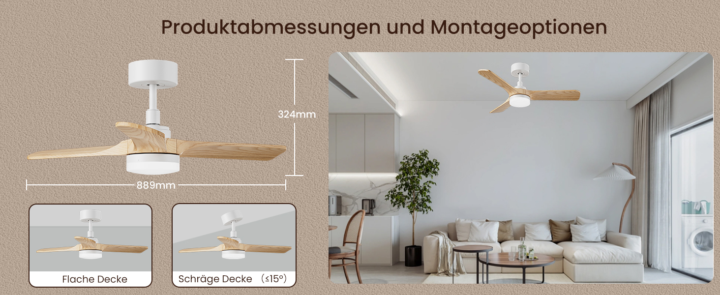 Стеляний вентилятор Holz з підсвіткою, тихий DC-двигун, 90 см, для вулиці, 3 дерев'яних лопаті, диммування LED 24W, пульт з пам'яттю, 6 швидкостей, таймер (світла текстура дерева, 75 см)