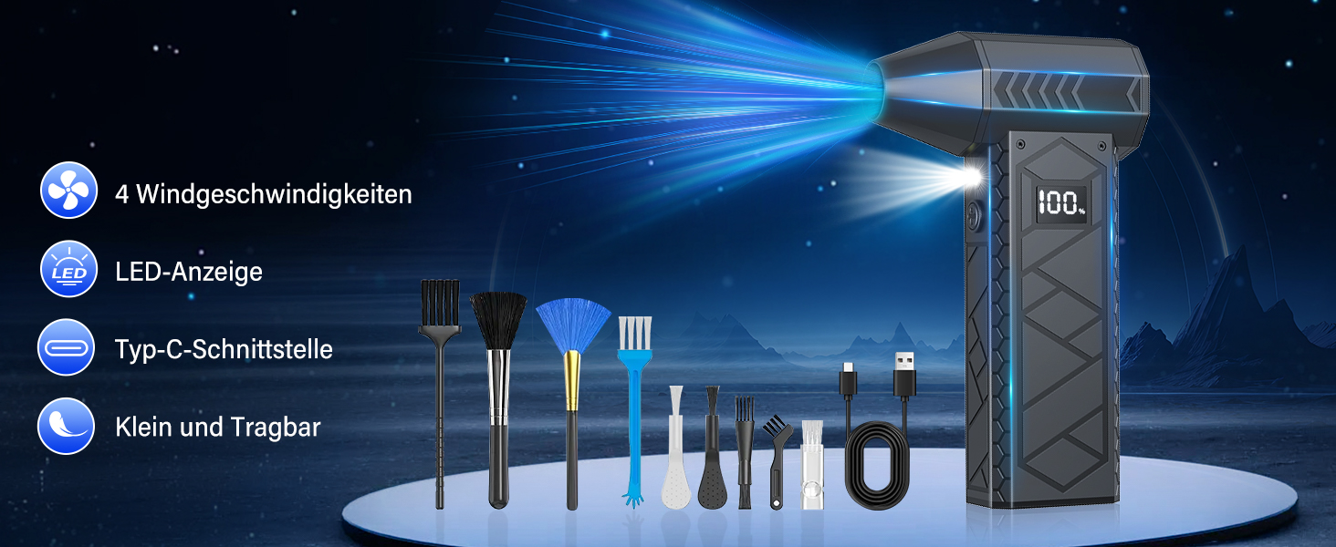 Електричний пилосос-фен, 10000mAh, LCD, міні-фен з ліхтариком для відпочинку на природі, 180000RPM, 4 швидкості, чорний