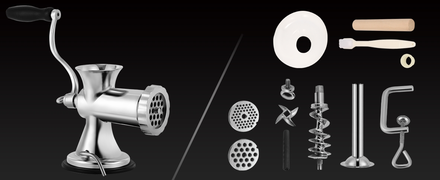 М'ясорубка ручна Hanchen з нержавіючої сталі з присоскою, насадка для ковбас, 2 диски, подрібнювач овочів - професійна