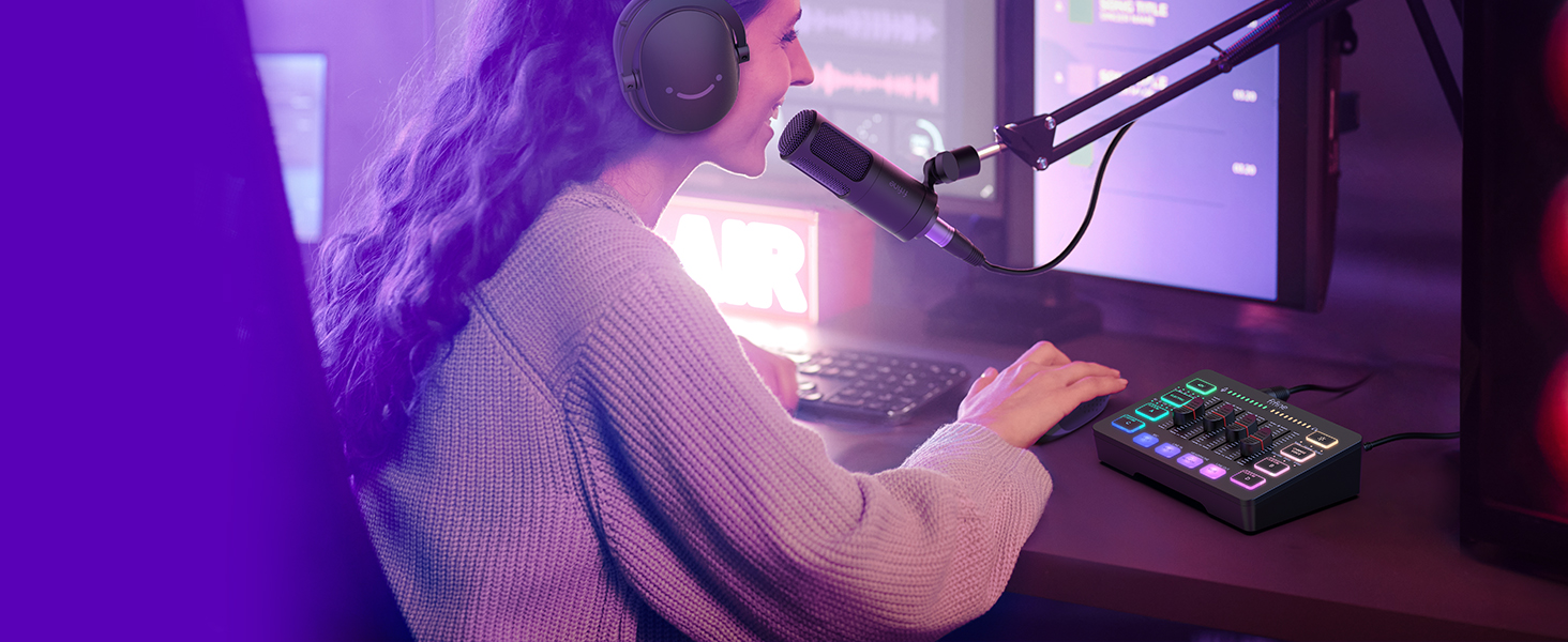 FIFINE ігровий аудіомікшер для ПК, RGB звукова карта для XLR мікрофона, аудіоінтерфейс для стрімінгу та музикантів, мікшерний пульт для геймерів і креаторів, індивідуальне керування, зміна голосу, чорний