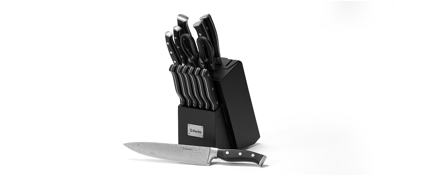 D.Perlla Self-Sharpening Knife Block Set - 14 Piece Stainless Steel Knife Set with Plastic Handle & Wood Block - Professional Kitchen Knife Set